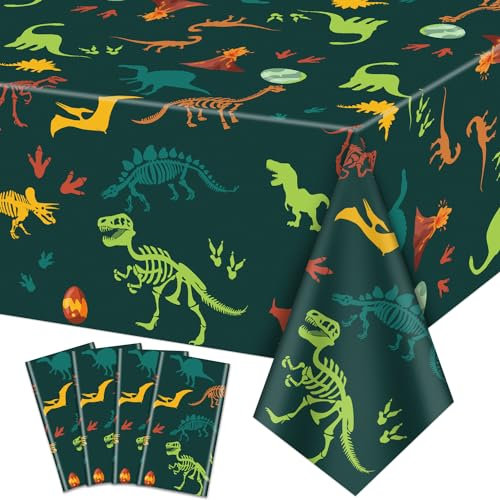 4Pcs Dinosaurier Tischdecken - 130 x 220cm Dinosaurier Fossil Thema Tischdecke, rechteckige Dinosaurier Tischdekorationen für Kinder Junge Baby Dusche Dinosaurier Geburtstag Party-Zubehör