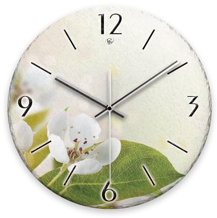 Kreative Feder Wanduhr „Birnbaum-Blüten“ aus Stein (Keramik) in Schiefer-Optik; Durchmesser 30cm; mit leisem Uhrwerk (Birnbaum-Blüten, leises Funkuhrwerk)