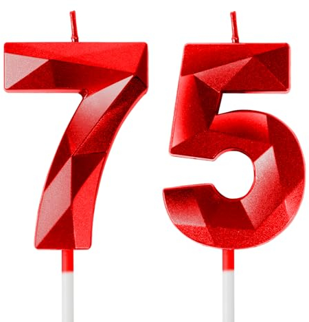 Red 75th Birthday Candles for Cake, Number 75 Candle for 75th Birthday Decorations, 3D Design Cake Topper Decor for Boy Girl Women Men Birthday Theme Party Weddings Anniversary Celebration Supplies