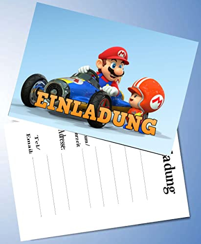 VSW 12 Einladungskarten & 12 Umschläge für Geburtstag Partys und Kindergeburtstag Super Mario Mario Kart Nr. 39