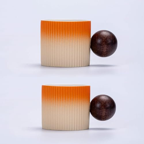 CLASGLAZ Espresso Cups 70ml, Small Ceramic Coffee Cups, Mini Mugs with Round Wooden Handle, Vertical Stripes Tea Cups (Beige Orange, 2pcs)