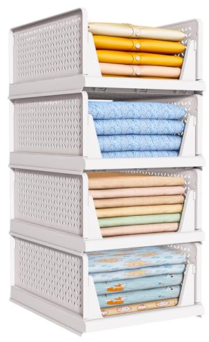 TidyIsles Organizadores para Armario Plegables, Cajas de Almacenaje para Ropa con Separadores, Cajas Apilables de Plástico para Dormitorio, Cocina, Baño, Oficina, 4 Unidades Blanco