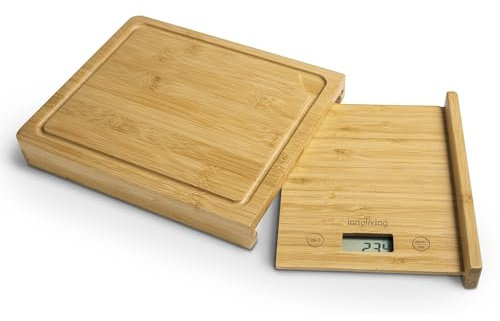 Innoliving Bilancia Digitale da Cucina in Bambu con Tagliere 2-in-1 e Design Elegante, Alta Precisione, Funzione Tara, Display LCD, Piattaforma Ampia (Rettangolare con Tagliere)