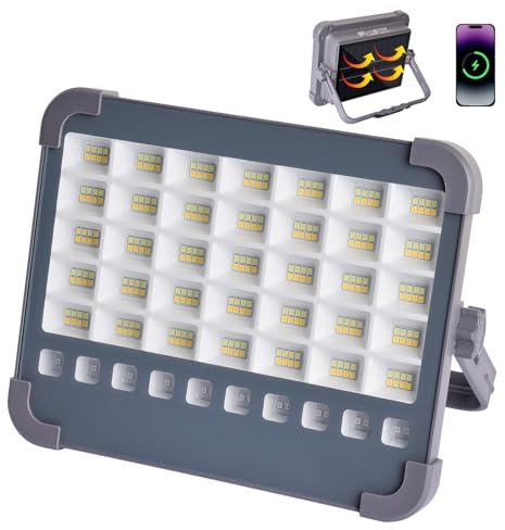 MASMEJOR Projecteur LED Rechargeable 100W, 10000LM Projecteur de Chantier Rechargeable avec Panneau Solaire, 5 Modes d'éclairage, Lampe de Travail Idéal pour Camping, Travail, Pêche