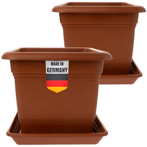 Macetero grande exterior de 48 x 48 cm con plato (juego de 2) – Maceta resistente a las heladas de plástico – Fabricado en Alemania – Maceta grande exterior – Terracota