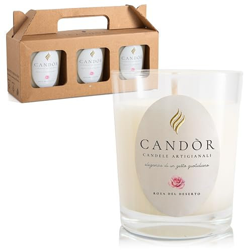 CANDÒR Set Candele Profumate Naturali in Cera di Soia Artigianali Made in Italy - 3 Piccole Candele Bianche Natalizie in Vasetti di Vetro con Confezione Regalo - Rosa del Deserto