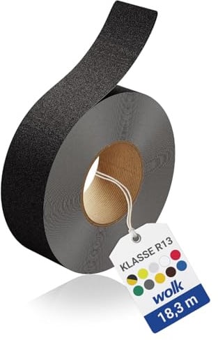 wolk Antirutsch Klebeband R13 Schwarz (50,0 mm x 18,3 m) – Selbstklebendes Anti-Rutschband für Treppen, Rampen & Böden – Rutschhemmung nach BGR 181 – Innen & Außen (geschützt), extrem belastbar