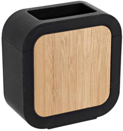 Tendance - Gobelet Carré Rubber + ABS et Bambou - Noir - Salle de Bain - Accessoire Salle de Bain à Poser