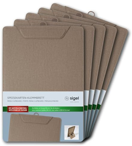 SIGEL KB120 Lot de 5 Porte-menus avec pince, pour tenir jusqu'à 20 feuilles A4 (80g/m²) | Planche avec pince, Planchette à pince, Porte-block | beige