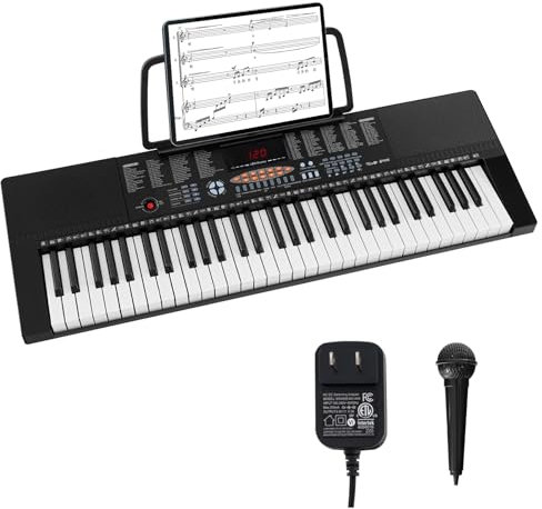 KOMFOTTEU Piano Digital 61 Teclas con Pantalla LED, Teclado Electrónico con Micrófono y Atril, Piano Electrónico con 300 Ritmos, 300 Tonos, 50 Canciones de Demo
