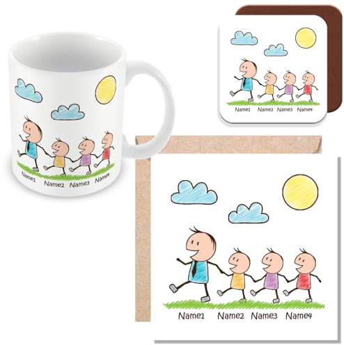 MUGGZ Personalised - Daddy Mug, Card & Coaster with 3 Kids - Personalise with Names - Gift for Dads - Giftset - Made in The UK