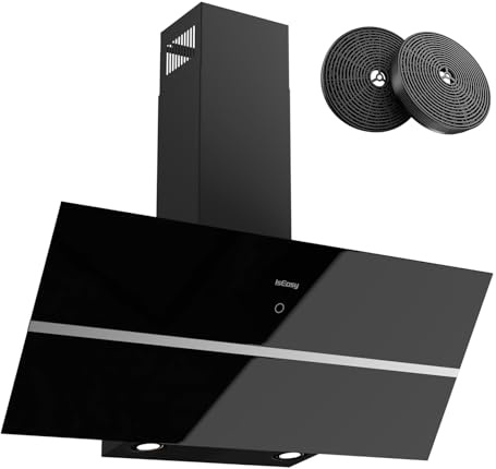 Dunstabzugshaube 90 cm, IsEasy Dunstabzugshaube Umluft 90 cm mit 578 m³/h starke Saugleistung, 4 Einstellstufen, Abluftmodus, 1–9 min Verzögerungs-Ausschaltung, Speicherfunktion, 58dB, Schwarz