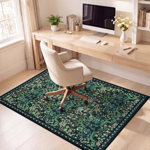 Famibay Bodenschutzmatte Bürostuhl 90x120cm Bürostuhl Unterlage rutschfest Schreibtischstuhl Unterlage Dunkelgrün Vintage Bodenschutzmatte für Hartböden Parkett Tiles Waschbar Kratzfest Blumen