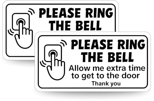 Please Ring the Bell Doorbell Sign 2-Pack – Small 100 x 50mm Glossy Vinyl Sticker, Removable Waterproof Notice for Delivery Drivers – Allow Extra Time to Answer the Door