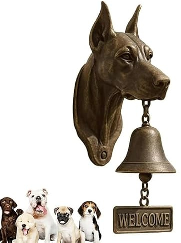 DJMAW Retro 3D Dog Welcome Doorbell – Vintage Cast Iron/Resin Wall-Mounted Entry Bell with Brass Chime for Porch, Front Door, Garden & Yard Decoration(Doberman)