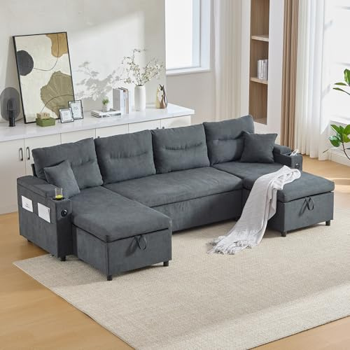 HMHKHN Wohnlandschaft U Form, Sofa mit Schlaffunktion, Schlafsofa mit Beidseitigen Chaiselongues, Samt, Integriertem Stauraum, Getränkehaltern, USB-Anschlüssen, 272×136×86cm (Dunkelgrau)