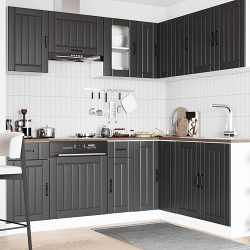 ATOMSTACK MAKER Juego de 11 muebles de cocina Kalmar en color negro – madera y cristal, con elementos esquineros, patas ajustables, para cocinas totalmente equipadas (montaje ERF)