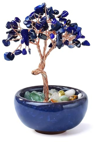 HIVTE Blue Crystal Tree of Life with Ceramic Flower Pot, Feng Shui Money Tree Gemstone Ornament for Home Office, Gifts for Women, Desktop Decoration Ornament