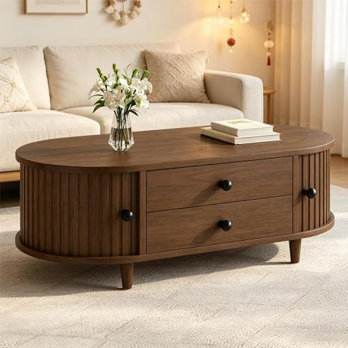 Merax Oval Coffee Table with Sliding Doors, Walnut Coffee Table with Storage, Modern Wooden Centre Table with Hidden Storage Compartment, MDF Sofa Table for Living Room, Rounded Corner, 100x50x36cm