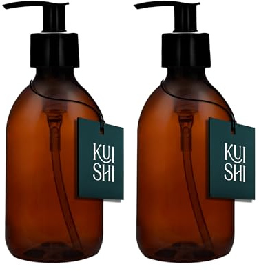 Kuishi Plastic Soap Dispenser with Black Plastic Pump - 250ml Pack of 2 Refillable BPA-Free Hand Soap Dispenser for Kitchen & Bathroom, Amber