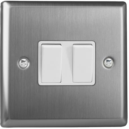 Varilight Double Rocker Light Switch 2-Way & Intermediate - Classic Brushed Steel With White Rockers, XT71W