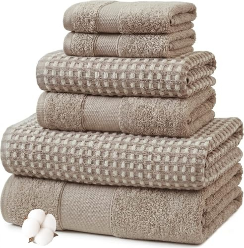 Modern Threads 6-Piece 100% Combed Cotton Yarn Dyed Cobblestone Jacquard Towel Set Flax