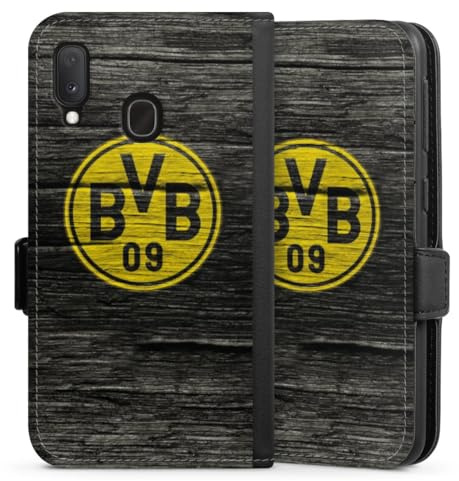 Klapphülle kompatibel mit Samsung Galaxy A20e Handyhülle aus Kunst Leder schwarz Flip Case Borussia Dortmund BVB Holzoptik