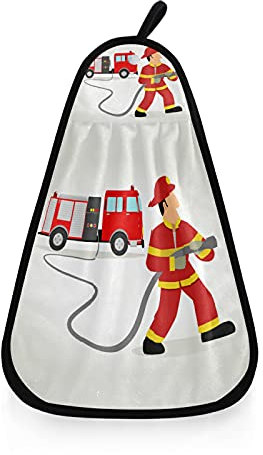 Poeticcity Firefighter Dress in Red Car Cartoon Illustration 1 PC Hanging Kitchen Hand Towels, Hanging Tea Bar Bath Hand Towel, Decorative Absorbent Tie Towels with Rope Dishcloths Sets