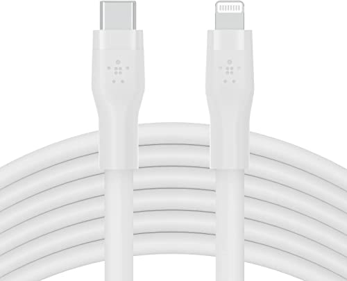 Belkin BoostCharge Flex Silicone USB Type C to Lightning Cable (3M/10ft), MFi Certified 20W Fast Charging PD Power Delivery for iPhone 14/14 Plus, 13, 12, Pro, Max, Mini, SE, iPad and More - White