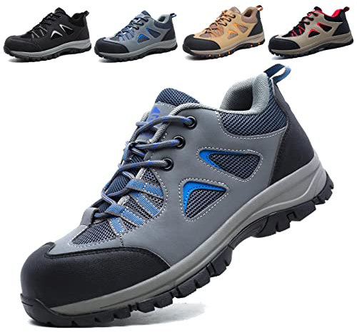 ISOOUS Sicherheitsschuhe Herren Damen Leicht Arbeitsschuhe Stahlkappenschuhe Atmungsaktiv Anti-Smashing Anti-Piercing Grau Blau 42