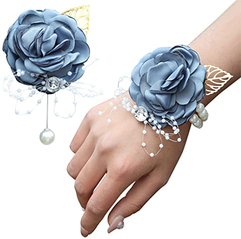 TSKDKIT 2 Pezzi Corsage da Polso Sposa Bracciale di Fiori con Rose e Perle Bracciale da Polso da Sposa Fiore Bracciale da Polso Fiore Adatto per Matrimoni, Balli, Banchetti, Anniversari, Blu