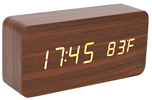 LED Tischuhr Holzoptik, Wecker Digital Funkuhr, Digitaler Wecker mit 3 Helligkeitsstufen, Elektronische Uhr, Tischuhr mit Temperatur und Luftfeuchtigkeitsanzeige, Wohnzimmer, Büro, Schlafzimmer