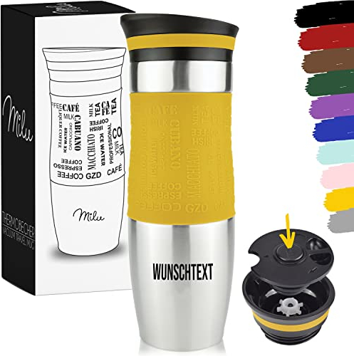 Milu Thermobecher 450ml mit Gravur - als Geschenk-Idee Ostern, Vatertag, Muttertag, Weihnachten, Einschulung, Liebesgeschenk, Geburtstag, Frauen und Männer Mama Papa Kinder (Mango + Gravur)