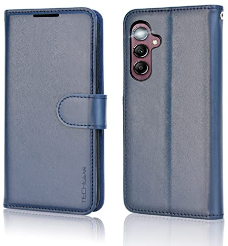 TECHGEAR Galaxy A14 4G / 5G Leather Wallet Case, Flip Protective Case with Wallet Card Holder, Stand and Wrist Strap - Blue PU Leather with Magnetic Closure Designed For Samsung A14