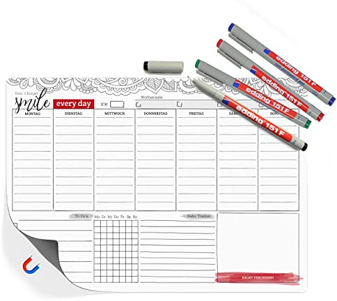 TOBJA Magnetischer Wochenplaner mit Habit Tracker und To-Do-Liste - Abwischbarer Organizer inklusive 4 Markenstifte | DIN A4 Größe (Magnetisch + 4 Stifte)