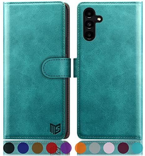 SUANPOT [RFID Schutz für Samsung Galaxy A34 5G Hülle PU Leder Handyhülle Lederhülle Klapphülle Kartenfach Flip Cover für Samsung A34 Handy hülle Leather Wallet Phone Case Blau Grün