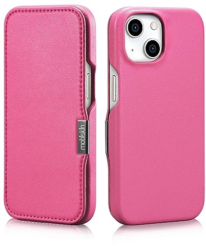 Mobiskin case for iPhone 15 (6.1 inch), phone case compatible with MagSafe, cover with genuine leather, protective flip case, thin wallet, ultra-slim folio, pink