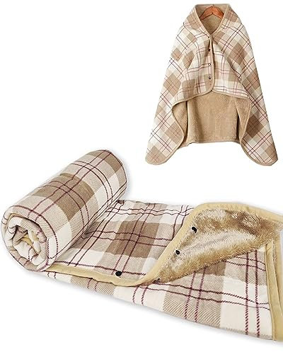 CheChury Femme Poncho Polaire Chaud Hiver Plaid Châle Polaire Cape Polaire Femme Chaude Cardigan avec Boutons Couverture à Carreaux,Beige