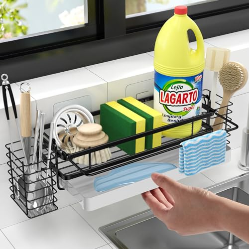 GBLAVM Soporte Estropajo Fregadero con 2 Almacenamiento,Organizador Fregadero Colgado de Desagüe,Organizador Fregadero de Acero Inoxidable con toallero,Organizador Cocina