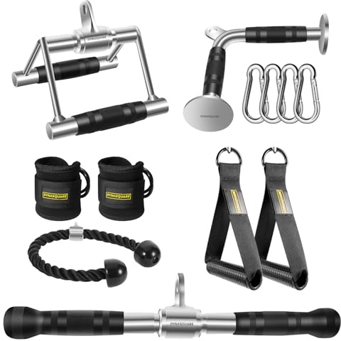DYNASQUARE Cable Machine Attachments Set Combo, LAT Pulldown Attachments with Exercise Handles & Ankle Straps (Sliver)