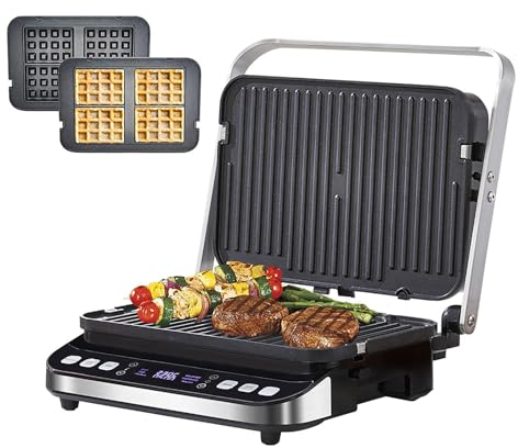 PLABNK Gofrera Eléctrica De 2000W, Sartén Eléctrica, Fácil De Limpiar con Pantalla Táctil Y Gofrera Antiadherente Ajustable A 180° para Gofres Individuales, Panini,Black