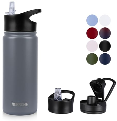 MURBONE Insulated Water Bottle, 500ml Stainless Steel Drink Flask with Straw, BPA Free, 2 Lids (Straw Lid and Spout Lid), Leakproof Double Walled Vacuum Water Bottle, Grey