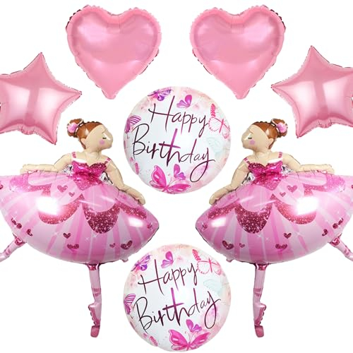 Ballerina Geburtstag Deko Ballon Mädchen – 8 Stück Rosa Ballerina Folienballon, herzförmige und Stern Folienballons, Ballett Prinzessin Ballons für Mädchen Geburtstag Deko Baby Shower Party Deko
