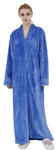 Alunsito Vestaglia da donna in pile con cerniera e vestaglia con zip frontale, vestaglia calda in peluche con cerniera e tasche da donna blu taglia M