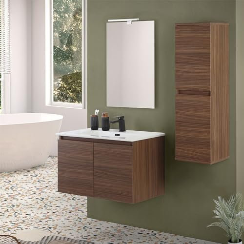 Inbagno Mobile bagno sospeso 80 cm noce canaletto con 2 ante soft-close, lavabo in ceramica e specchio reversibile 60x80 cm, KLEO