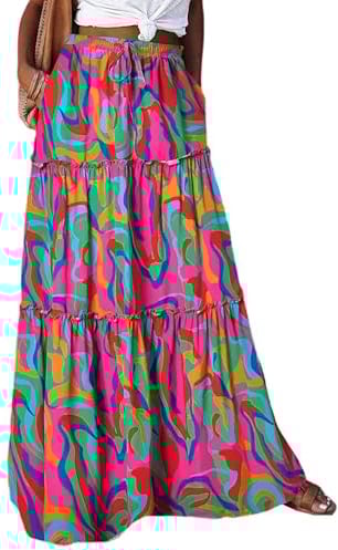 Timuspo Sommerrock Damen Lässig Midi Hohe Taille Plissee Rock Maxirock mit Taschen Boho Faltenrock Leicht und Atmungsaktiv Strandrock Farbenfroh M