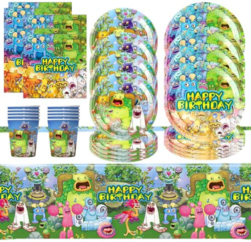 HOXSNII 51PCS Monster Birthday Party Set Theme Decoration,Monster Party Tableware Set, Monster Birthday Party Supplies for Birthday Party,My Singing Party Supplies for Kids - 10 Guests