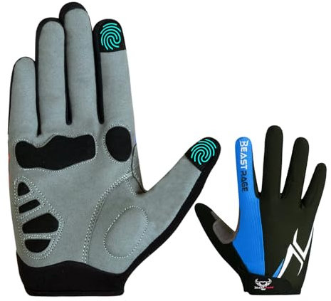BEAST RAGE Fahrradhandschuhe, halber Finger, für Damen und Herren, mit Gel, gepolstert, rutschfest, stoßabsorbierend, für Fitnessstudio und Mountainbike, atmungsaktiv (blauer Finger, Größe L)