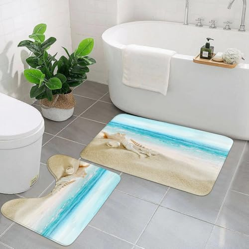 EYLOZS Badezimmerteppich Set 2 Teilig Waschbar rutschfeste Badematte Toilettenmatte Weich Saugfähige Badteppiche,Ozean, Meer, Seestern, Meereslandschaft, Bild, Strand, Weiß
