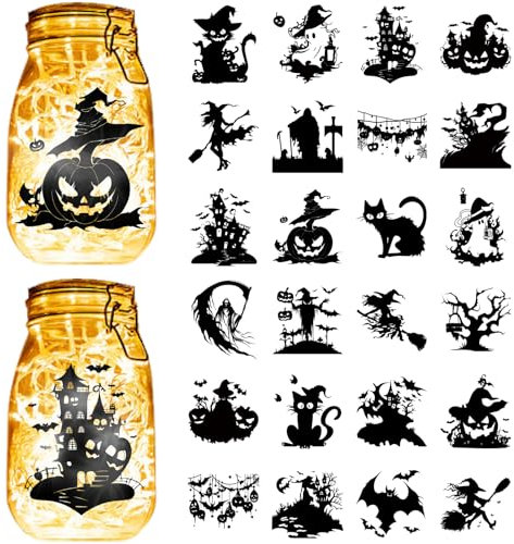 CREATCABIN 24 Stück Halloween Silhouetten Aufkleber Einmachgläser Ausschnitte Abziehbilder Schloss Hexe Aufklebbares Scrapbook Wasserdichtes PVC Laternenglas Dekoration Für Fenster Milchglas 9x10cm